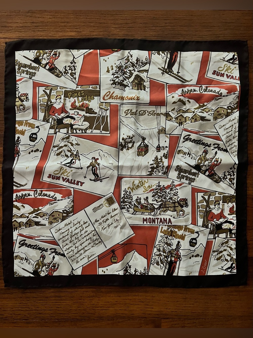 J.Crew Vintage Ski Postcard Silk Scarf Neckerchief (Brand Tag Missing)
